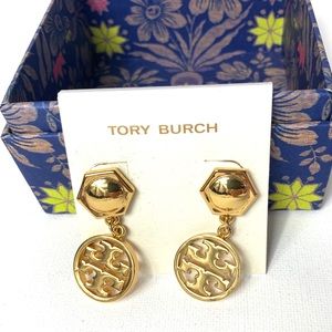 Tory Burch Hexagon Logo Dangle Gold Earrings